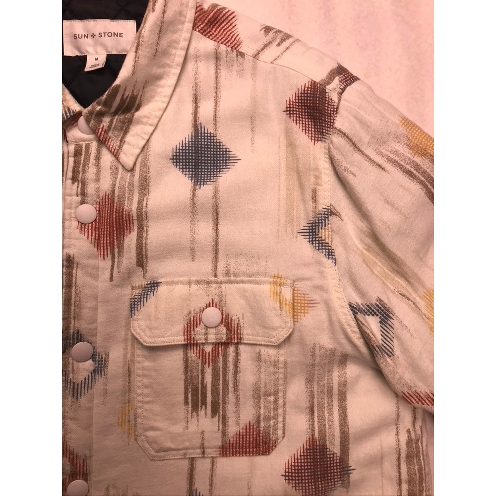 Sun + Stone Mens Quilted Lined‎ Shirt Jacket Medium White Tribal Geometric - Picture 5 of 10